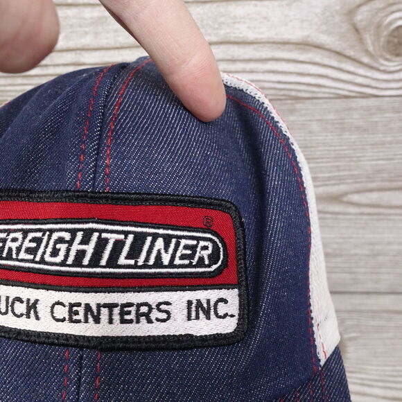 VINTAGE FREIGHTLINER TRUCK CENTERS DENIM BLUE JEAN USA MADE TRUCKER HAT CAP - Picture 3 of 11